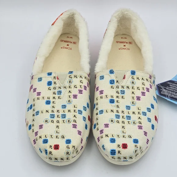 NWT TOMS Scrabble Gameboard Print Faux Fur Lined Alpargata Slip-ons, Women's 12 - Picture 14 of 16